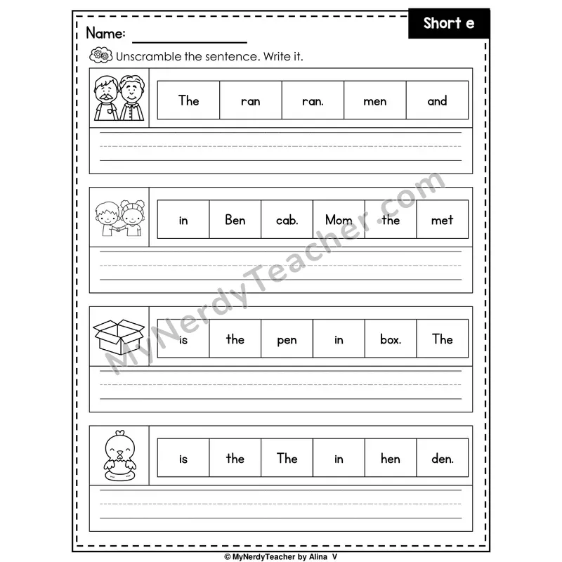 Short E Writing Worksheet — Unscramble and Write the Sentence