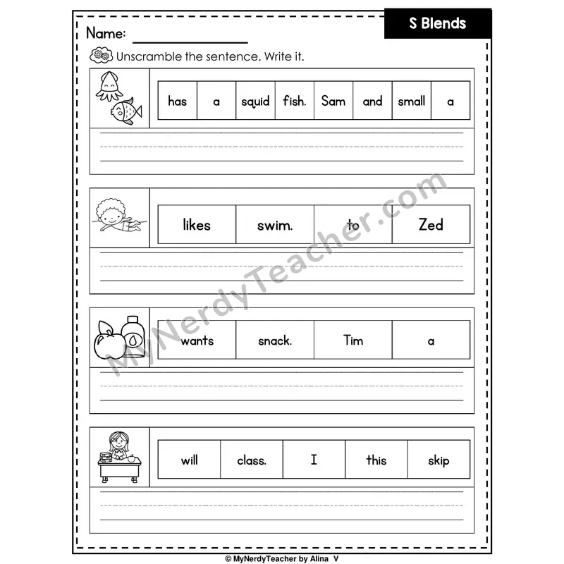 S Blends Writing Worksheet — Unscramble and Write the Sentence