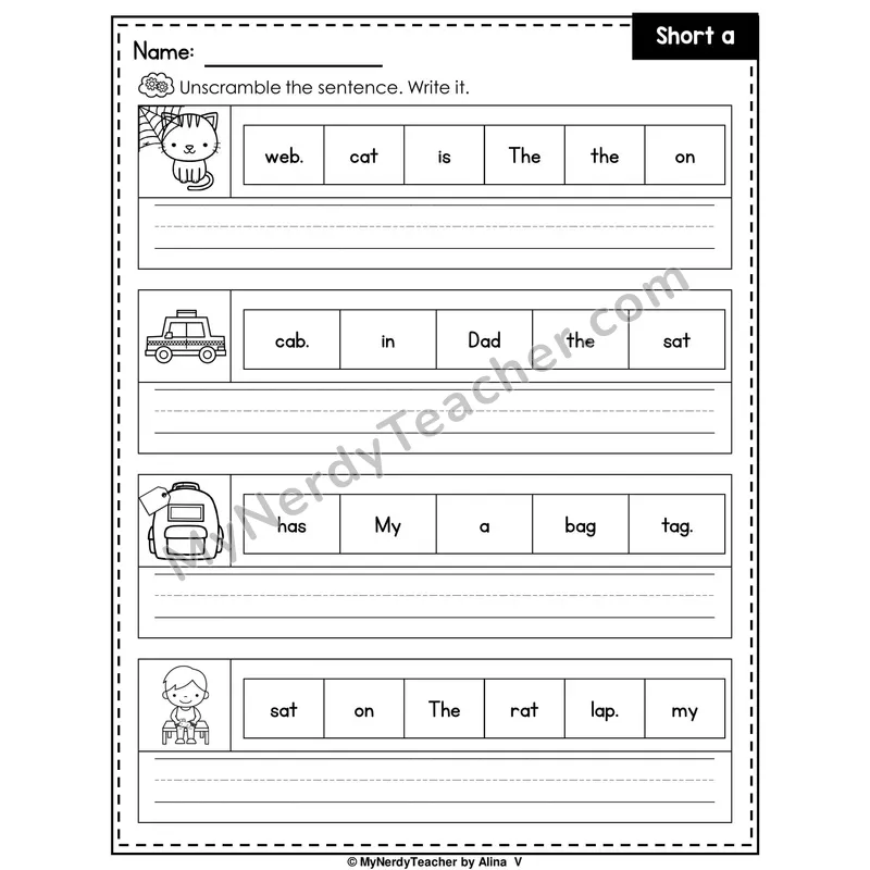 Short A Writing Worksheet — Unscramble and Write the Sentence
