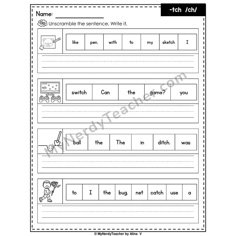 TCH Trigraph (/ch/ Ending) Writing Worksheet — Unscramble and Write the Sentence