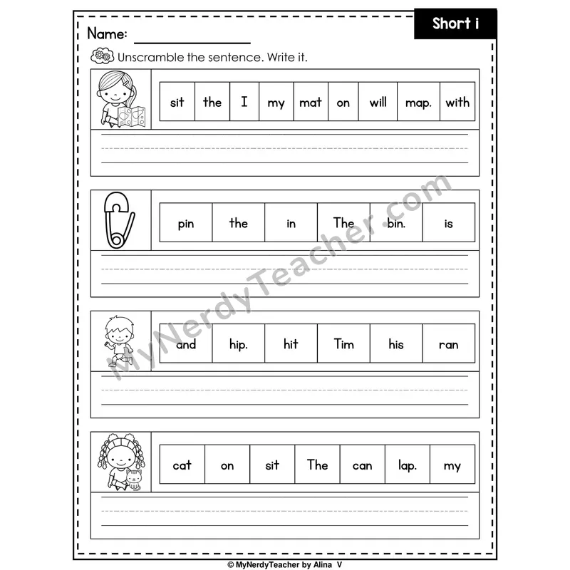 Short I Writing Worksheet — Unscramble and Write the Sentence