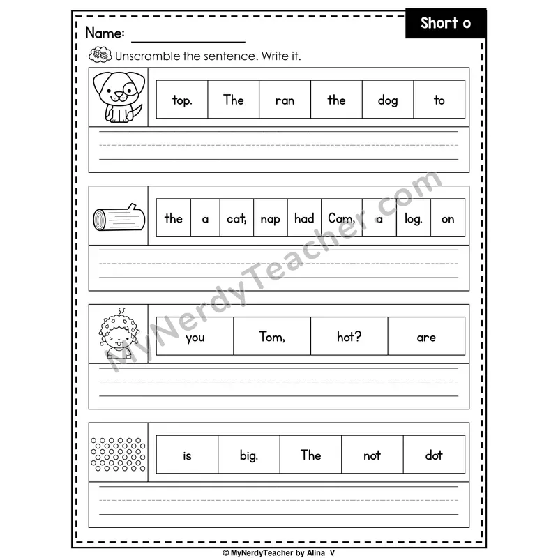 Short O Writing Worksheet — Unscramble and Write the Sentence