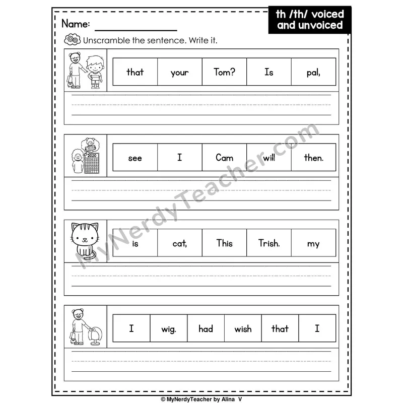 Digraph TH (Voiced and Unvoiced) Writing Worksheet — Unscramble and Write the Sentence