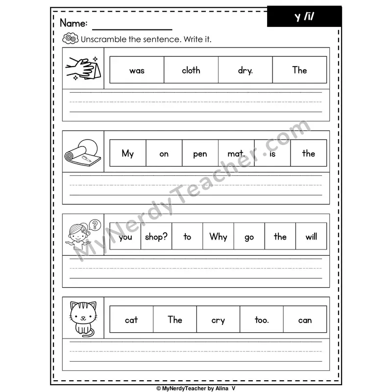 Y as Long I Writing Worksheet — Unscramble and Write the Sentence