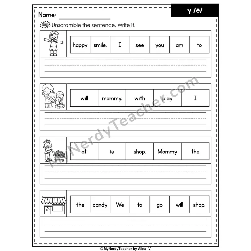 Y as Long E Writing Worksheet — Unscramble and Write the Sentence