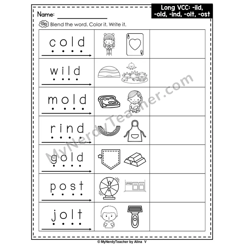 Long VCC Patterns (-ild, -old, -ind, -olt, -ost) Writing Worksheet — Blend, Color and Write