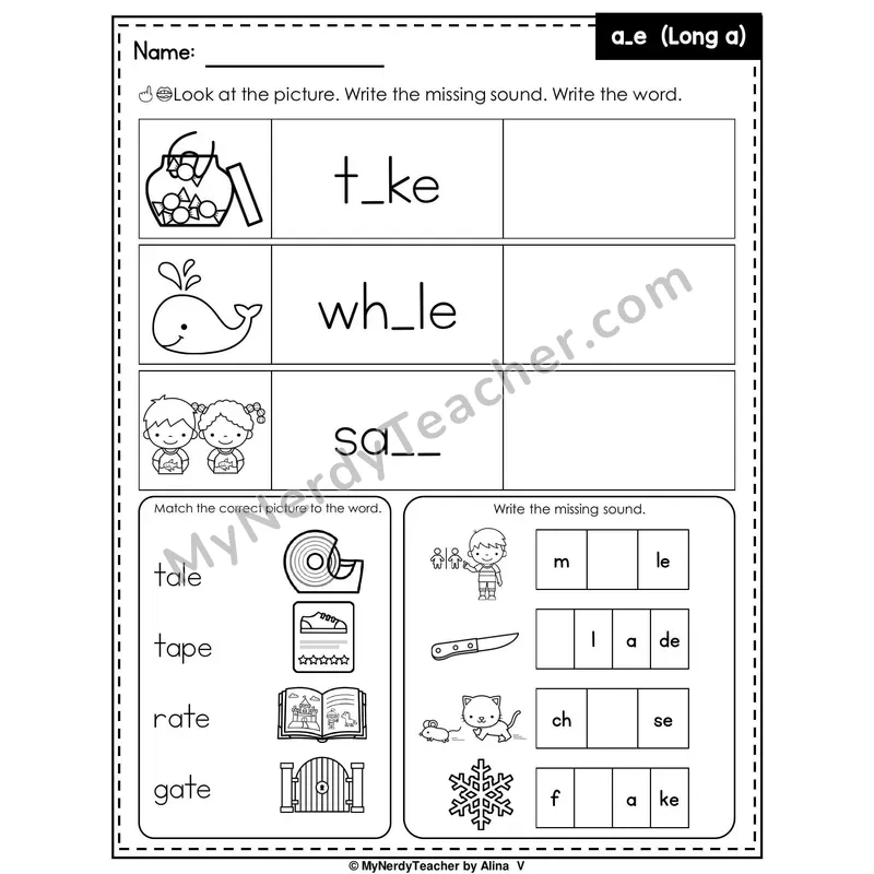 Long A (a_e Silent E) Writing Worksheet — Write the Missing Sound