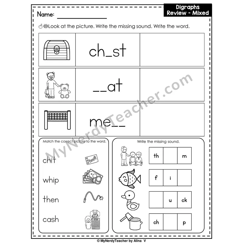 Digraphs Review (Mixed) Writing Worksheet — Write the Missing Sound