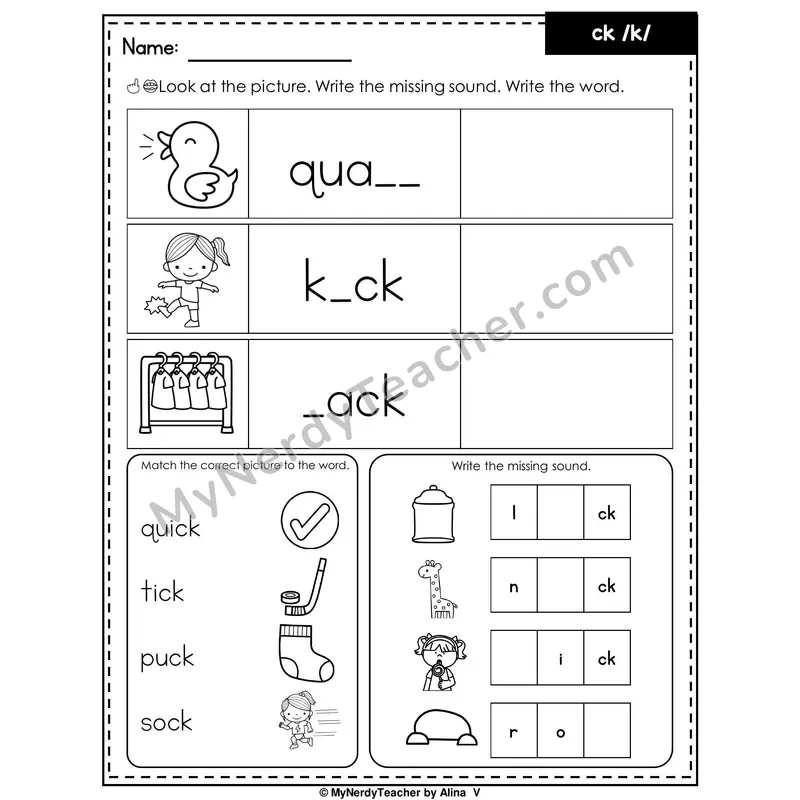 Digraph CK Writing Worksheet — Write the Missing Sound