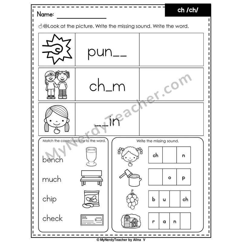 Digraph CH Writing Worksheet — Write the Missing Sound