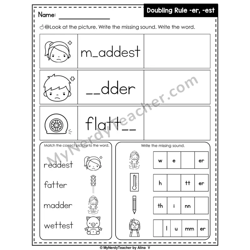 Doubling Rule (-er, -est) Writing Worksheet — Write the Missing Sound