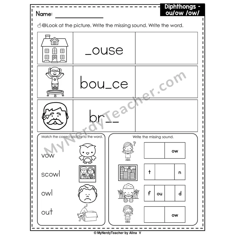 Diphthongs OU and OW Writing Worksheet — Write the Missing Sound