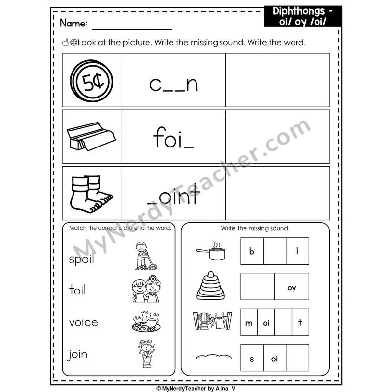 Diphthongs OI and OY Writing Worksheet — Write the Missing Sound