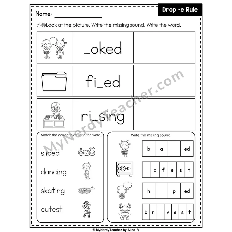 Drop-E Rule Writing Worksheet — Write the Missing Sound