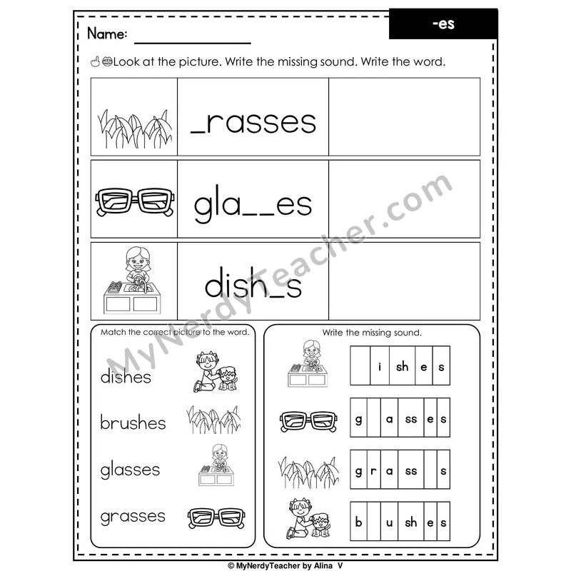 Suffix -es Writing Worksheet — Write the Missing Sound