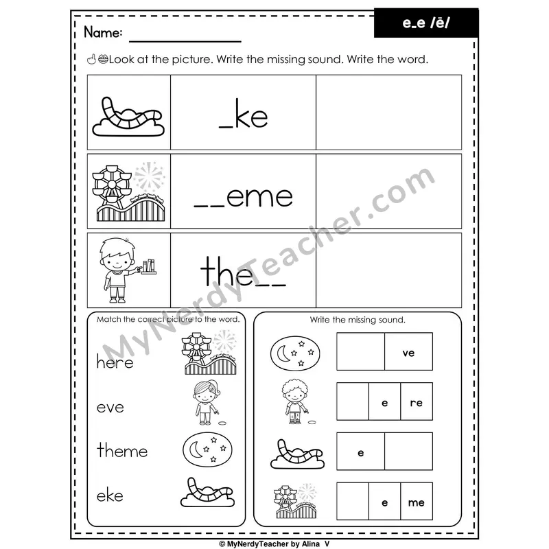 Long E (e_e Silent E) Writing Worksheet — Write the Missing Sound