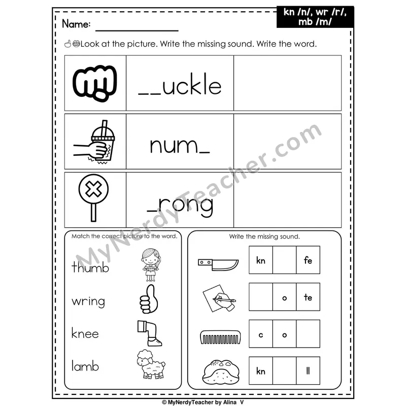 Silent Letters KN, WR, MB Writing Worksheet — Write the Missing Sound