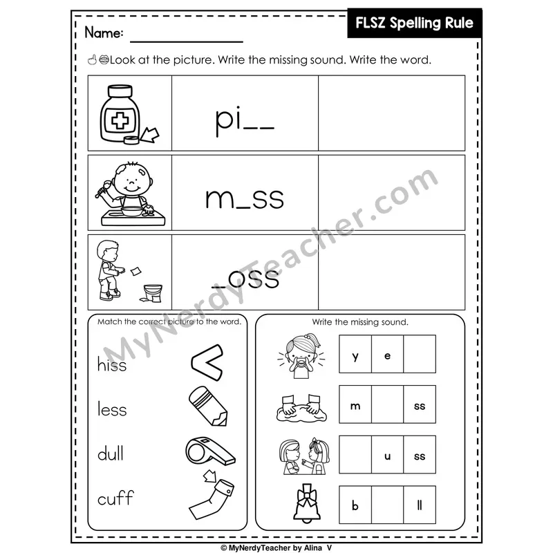 FLSZ Spelling Rule (Floss Rule) Writing Worksheet — Write the Missing Sound