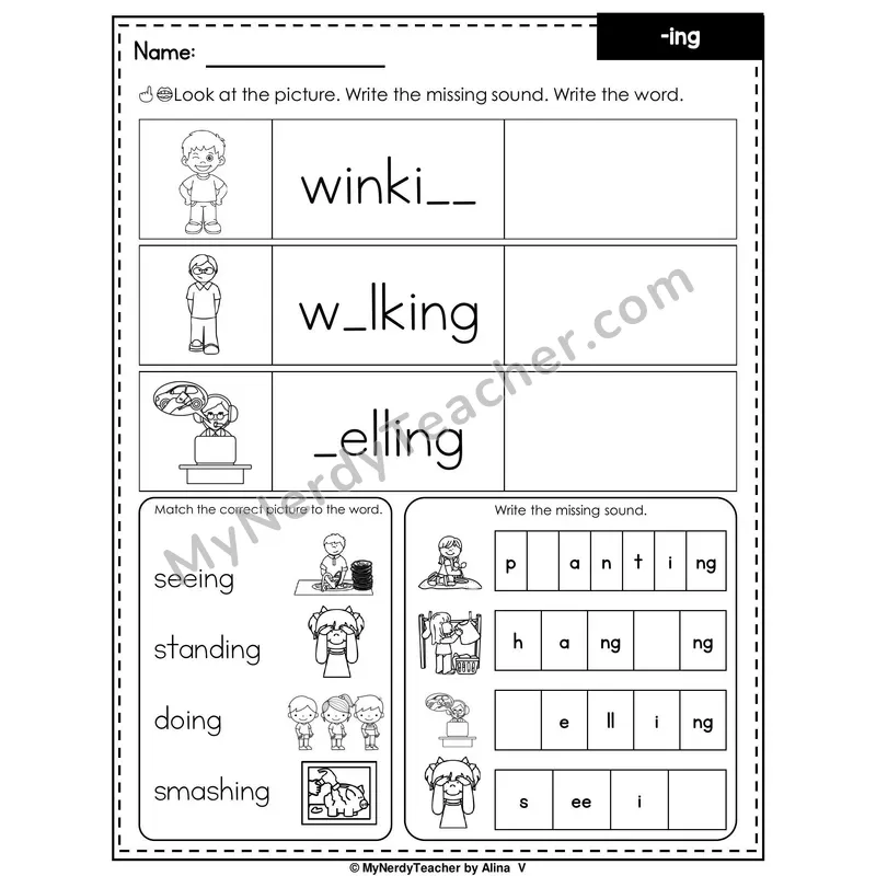 Suffix -ing Writing Worksheet — Write the Missing Sound