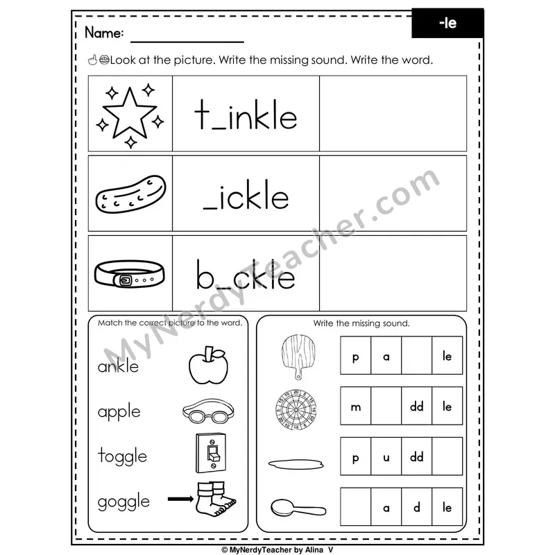 Final Stable Syllable -le Writing Worksheet — Write the Missing Sound