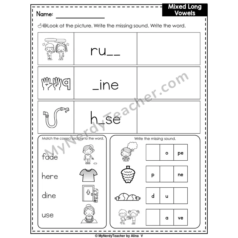 Long Vowels Review Writing Worksheet — Write the Missing Sound
