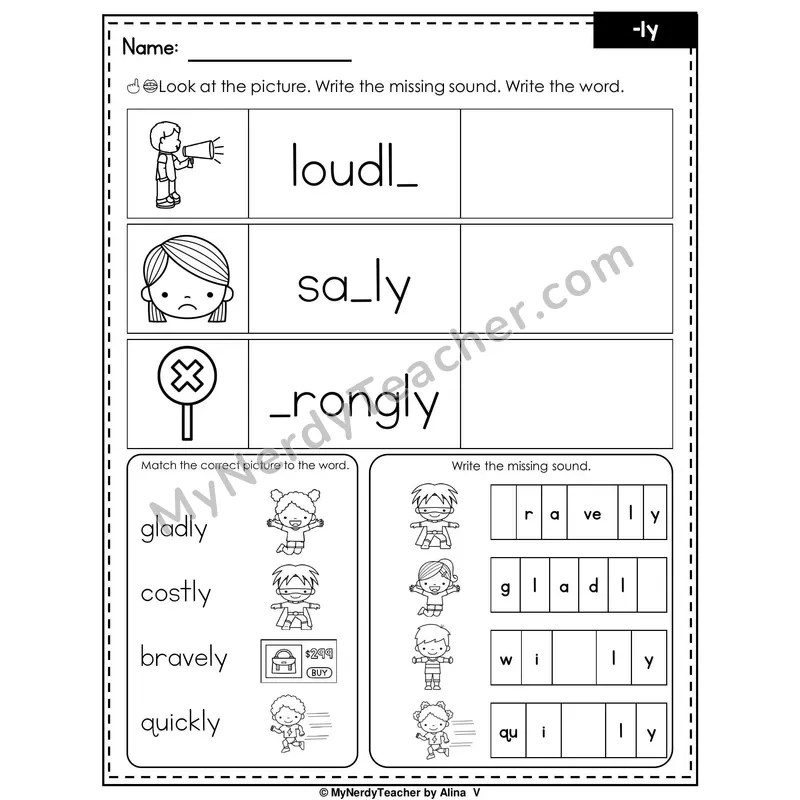 Suffix -ly Writing Worksheet — Write the Missing Sound