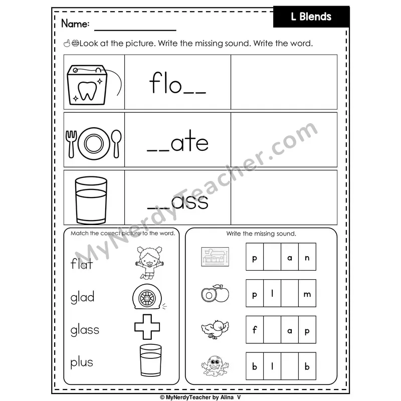 L Blends Writing Worksheet — Write the Missing Sound