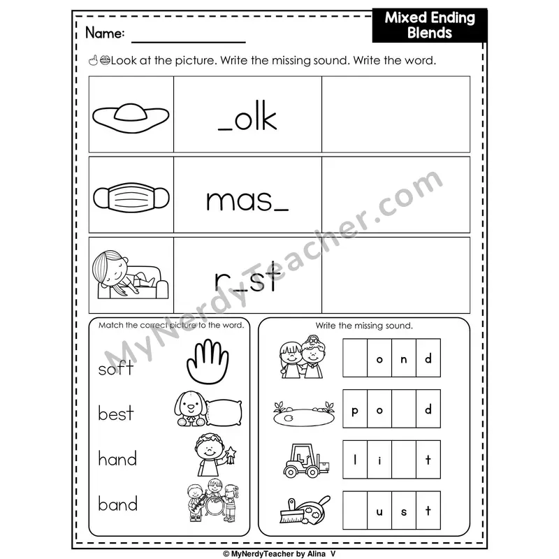 Mixed Ending Blends Writing Worksheet — Write the Missing Sound