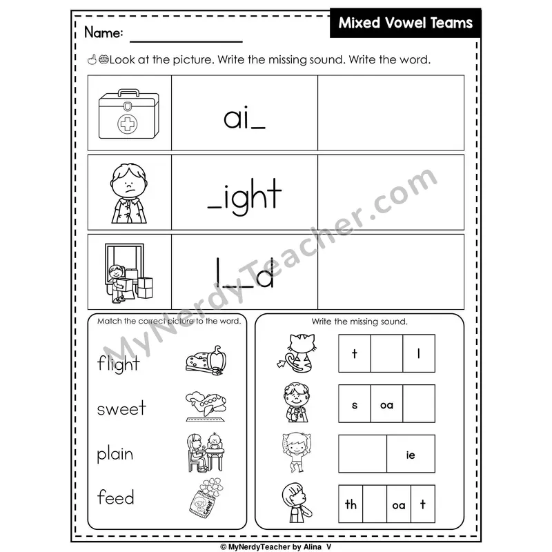 Mixed Vowel Teams Writing Worksheet — Write the Missing Sound