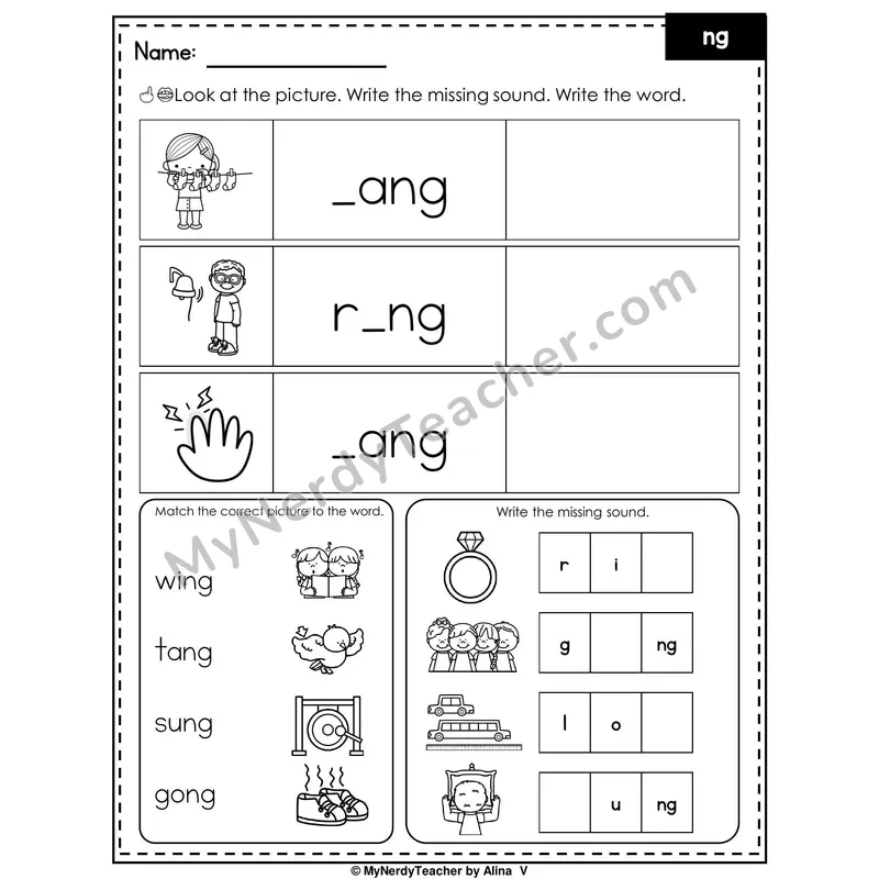 Digraph NG Writing Worksheet — Write the Missing Sound