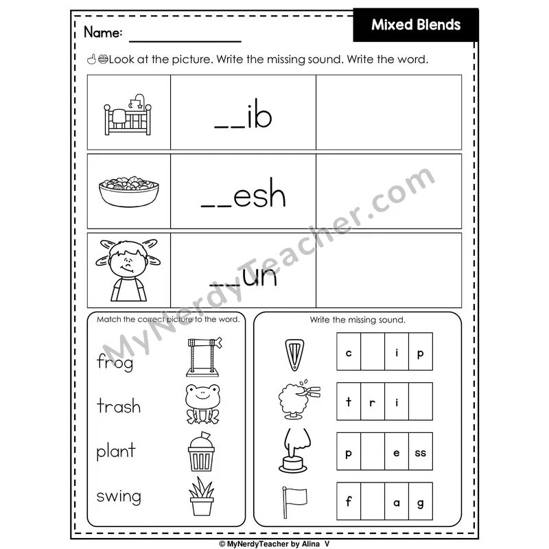 Mixed Beginning Blends Writing Worksheet — Write the Missing Sound
