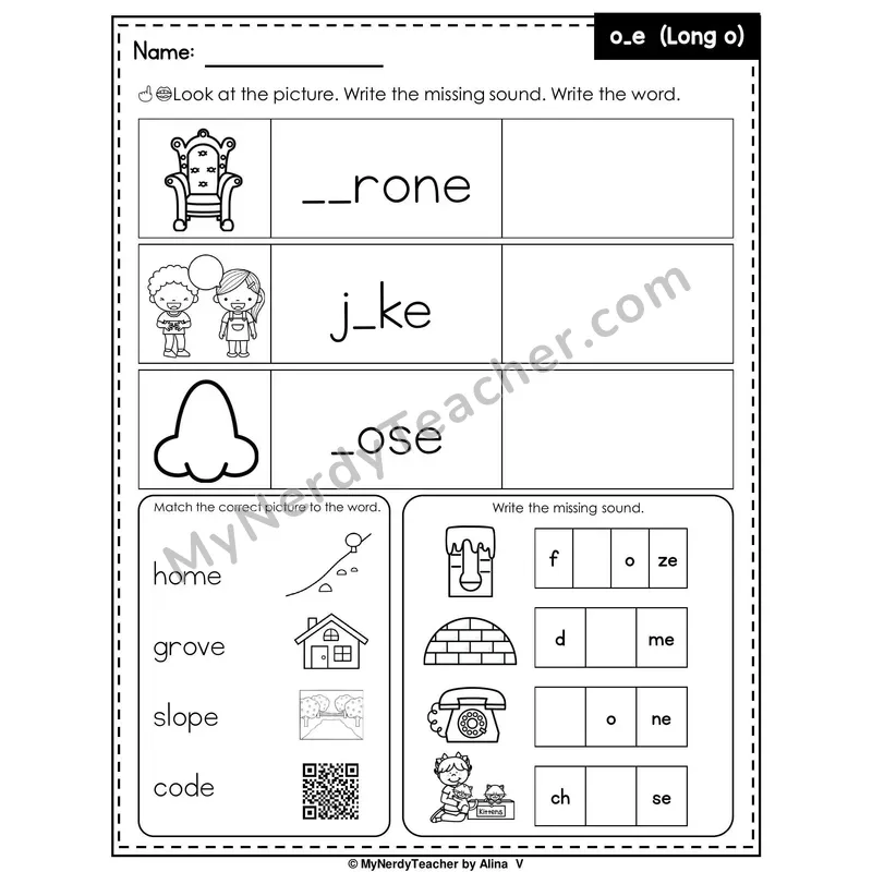 Long O (o_e Silent E) Writing Worksheet — Write the Missing Sound
