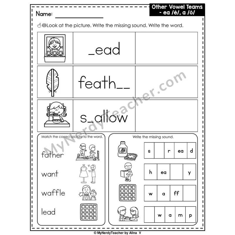 Vowel Team EA (Short E Sound) and A Writing Worksheet — Write the Missing Sound