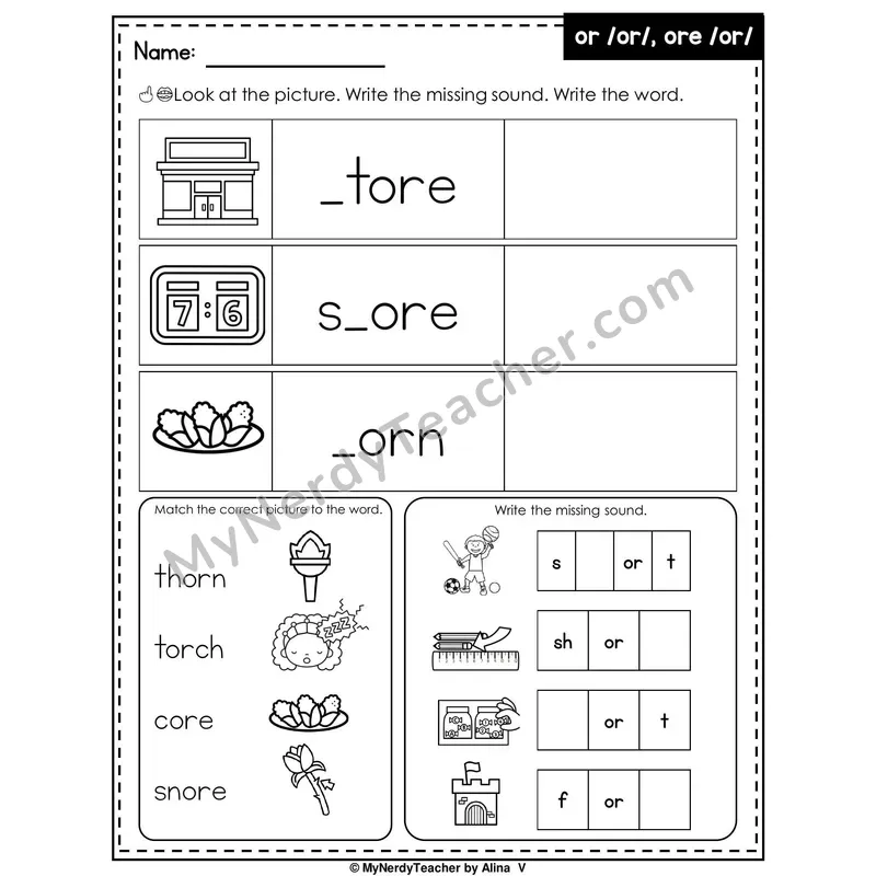 R-Controlled Vowel OR (or, ore) Writing Worksheet — Write the Missing Sound