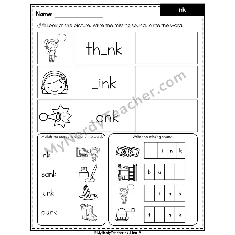 Digraph NK Writing Worksheet — Write the Missing Sound