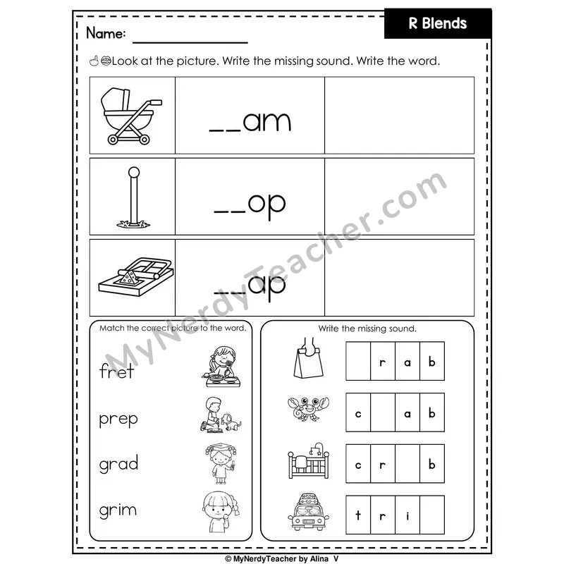 R Blends Writing Worksheet — Write the Missing Sound
