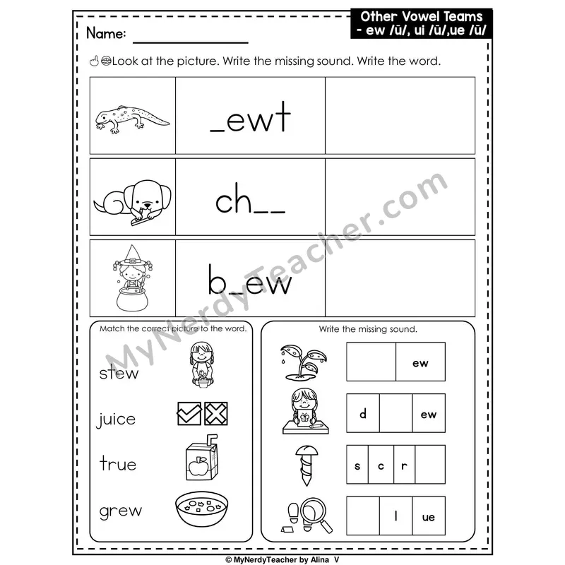Vowel Teams EW, UI, UE Writing Worksheet — Write the Missing Sound