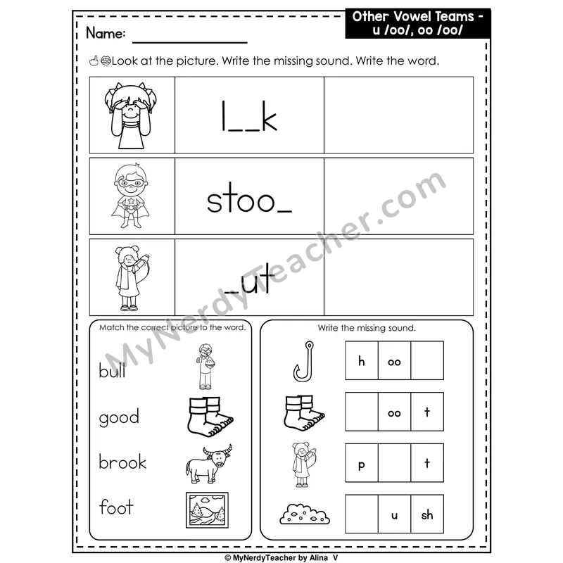 Vowel Team OO (Short Sound) Writing Worksheet — Write the Missing Sound