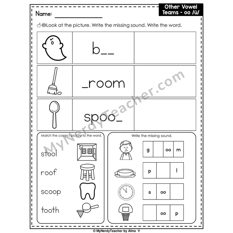 Vowel Team OO (Long Sound) Writing Worksheet — Write the Missing Sound