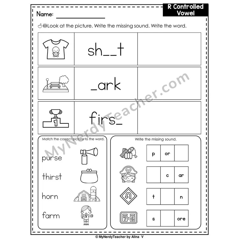 R-Controlled Vowels (Mixed Review) Writing Worksheet — Write the Missing Sound