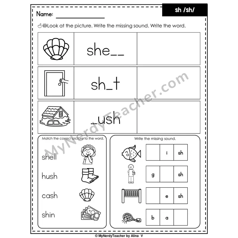 Digraph SH Writing Worksheet — Write the Missing Sound