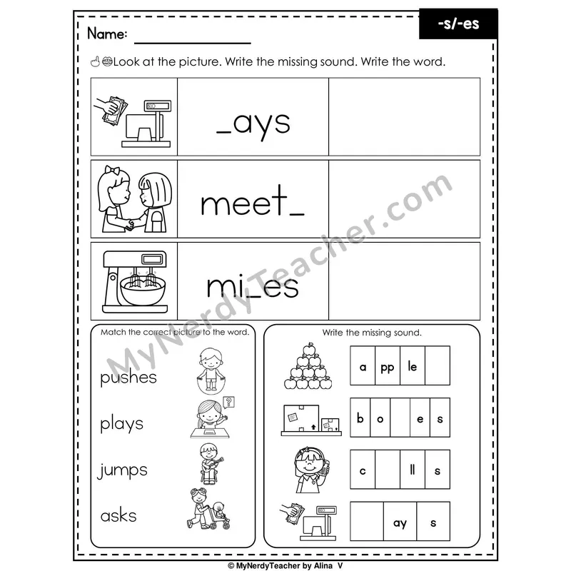 Suffixes -s and -es Writing Worksheet — Write the Missing Sound