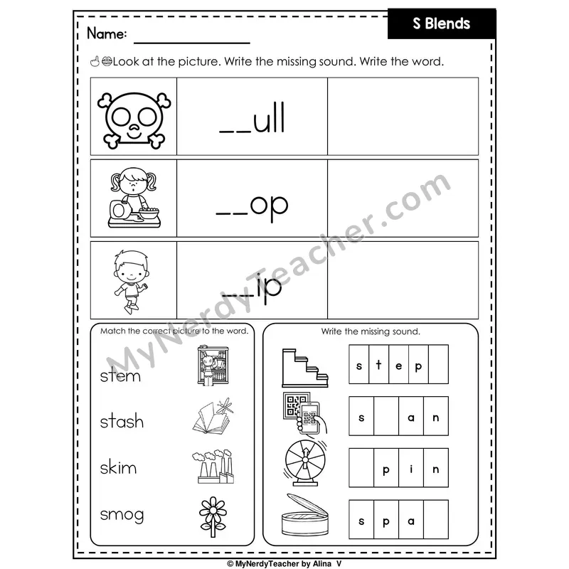 S Blends Writing Worksheet — Write the Missing Sound