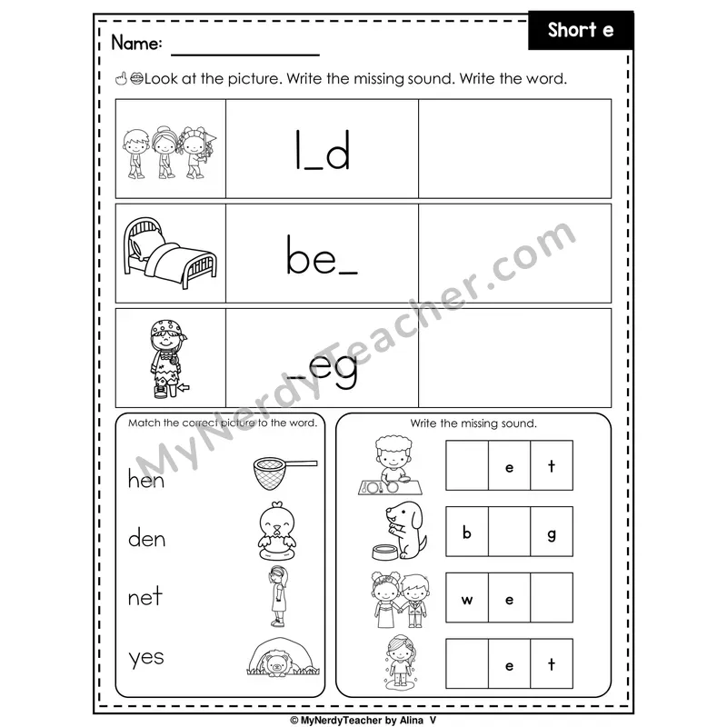 Short E Writing Worksheet — Write the Missing Sound
