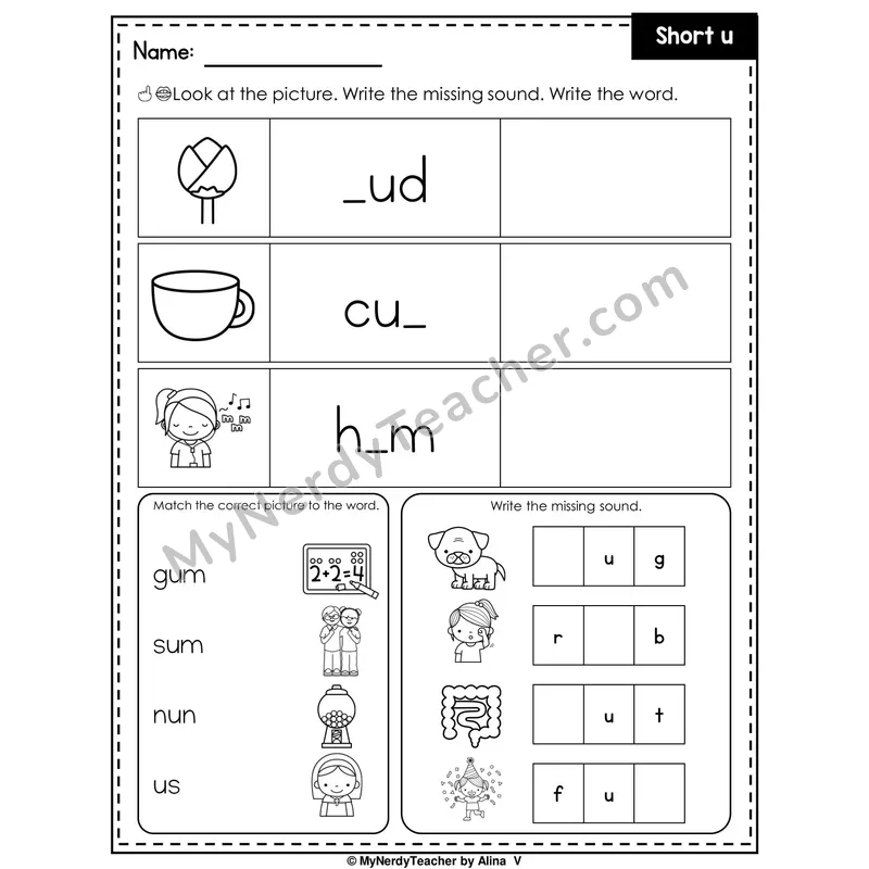 Short U Writing Worksheet — Write the Missing Sound