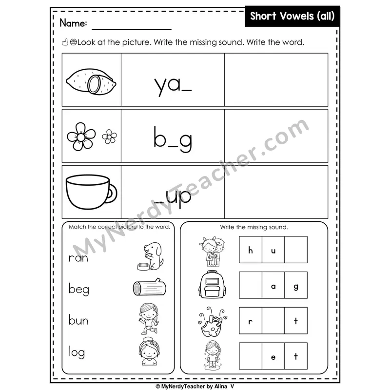 Short Vowels (Mixed Review) Writing Worksheet — Write the Missing Sound