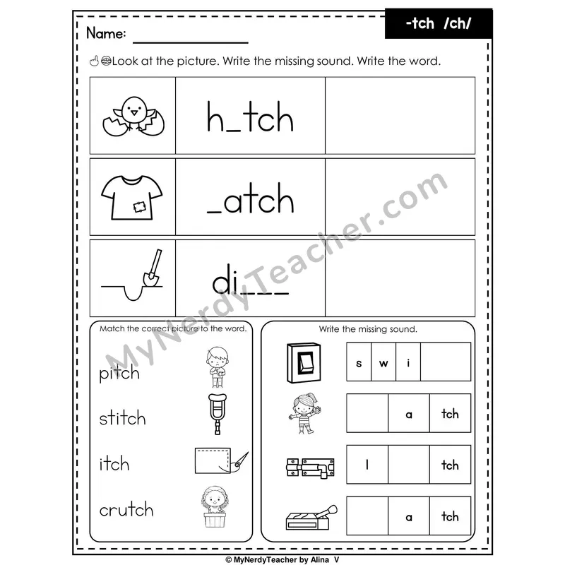 TCH Trigraph (/ch/ Ending) Writing Worksheet — Write the Missing Sound