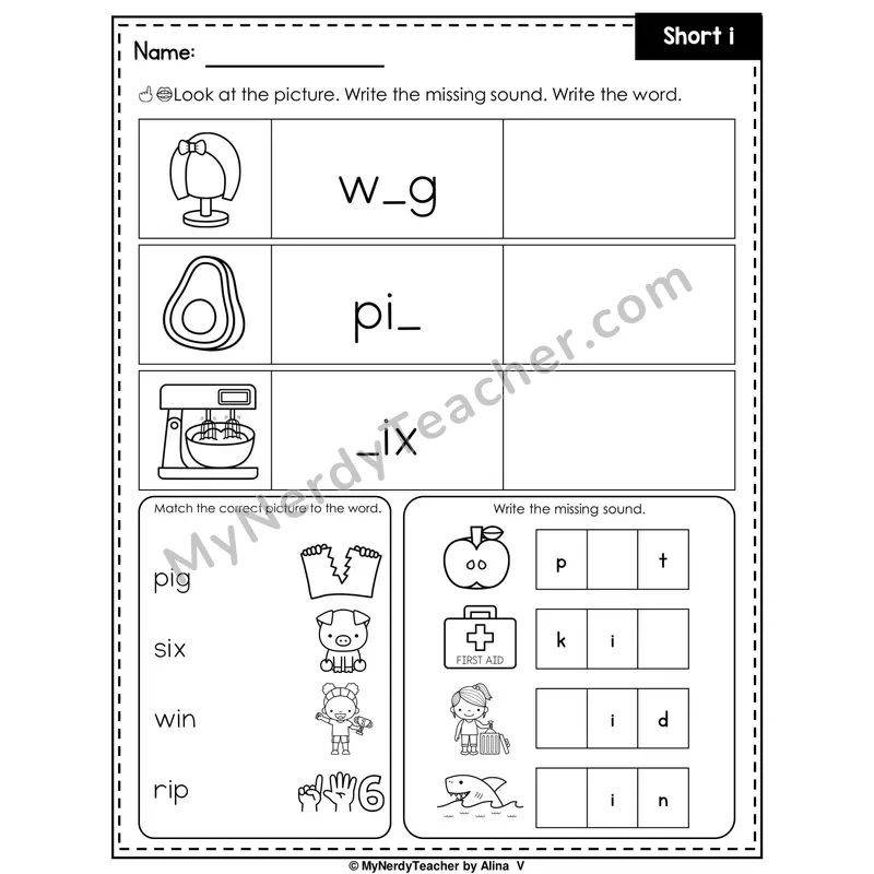Short I Writing Worksheet — Write the Missing Sound