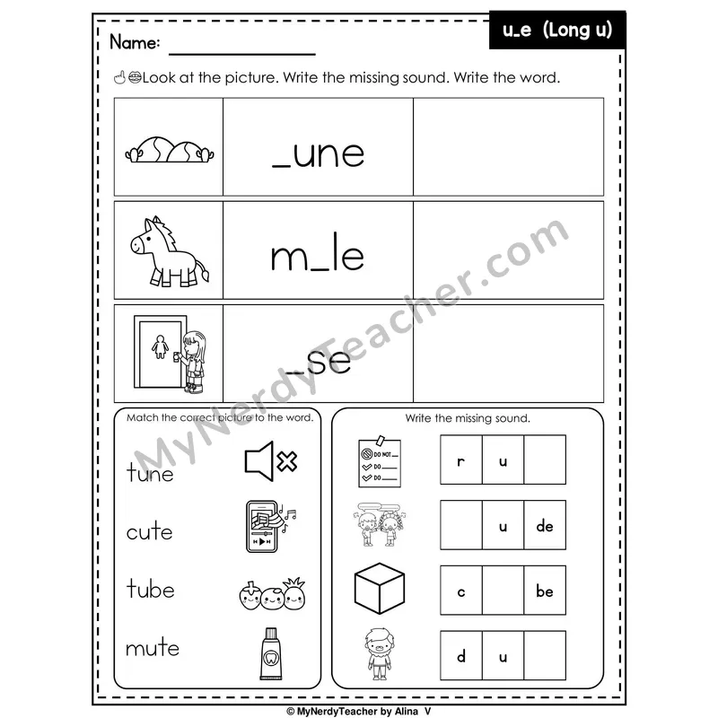 Long U (u_e Silent E) Writing Worksheet — Write the Missing Sound
