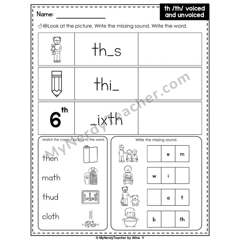 Digraph TH (Voiced and Unvoiced) Writing Worksheet — Write the Missing Sound